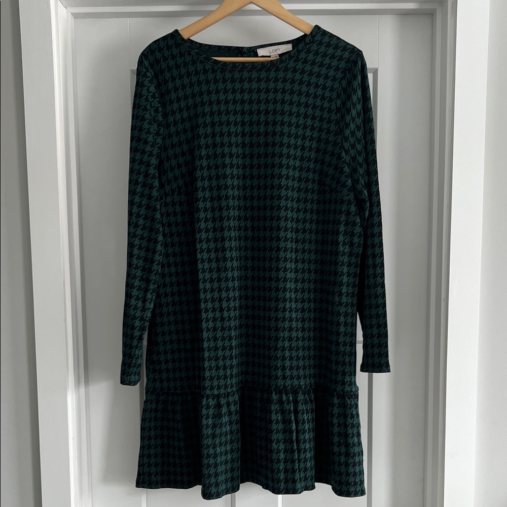 LOFT Teal and Black Houndstooth Knit Dress with Ruffle Hem - 237